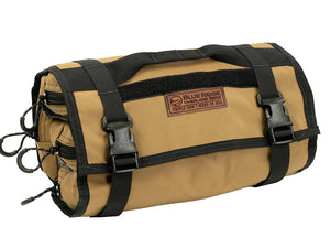 Coyote BROG Tool Pouch Roll rolled and secured with adjustable buckle straps, featuring a carry handle, leather Blue Ridge Overland Gear patch, and zippered pouches.