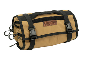 Coyote BROG Tool Pouch Roll rolled and secured with adjustable buckle straps, featuring a carry handle, leather Blue Ridge Overland Gear patch, and zippered pouches.