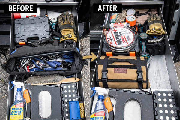 Before-and-after comparison of a vehicle storage drawer showing loose, cluttered tools reorganized with a coyote BROG Tool Pouch Roll for compact tool storage.