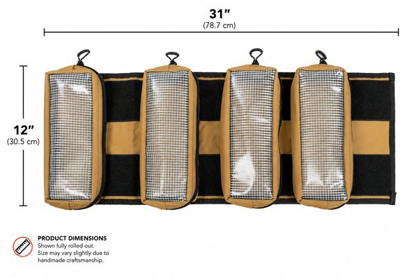 BROG Tool Pouch Roll fully opened with four removable clear zippered pouches, showing overall dimensions of 31 inches wide by 12 inches high.