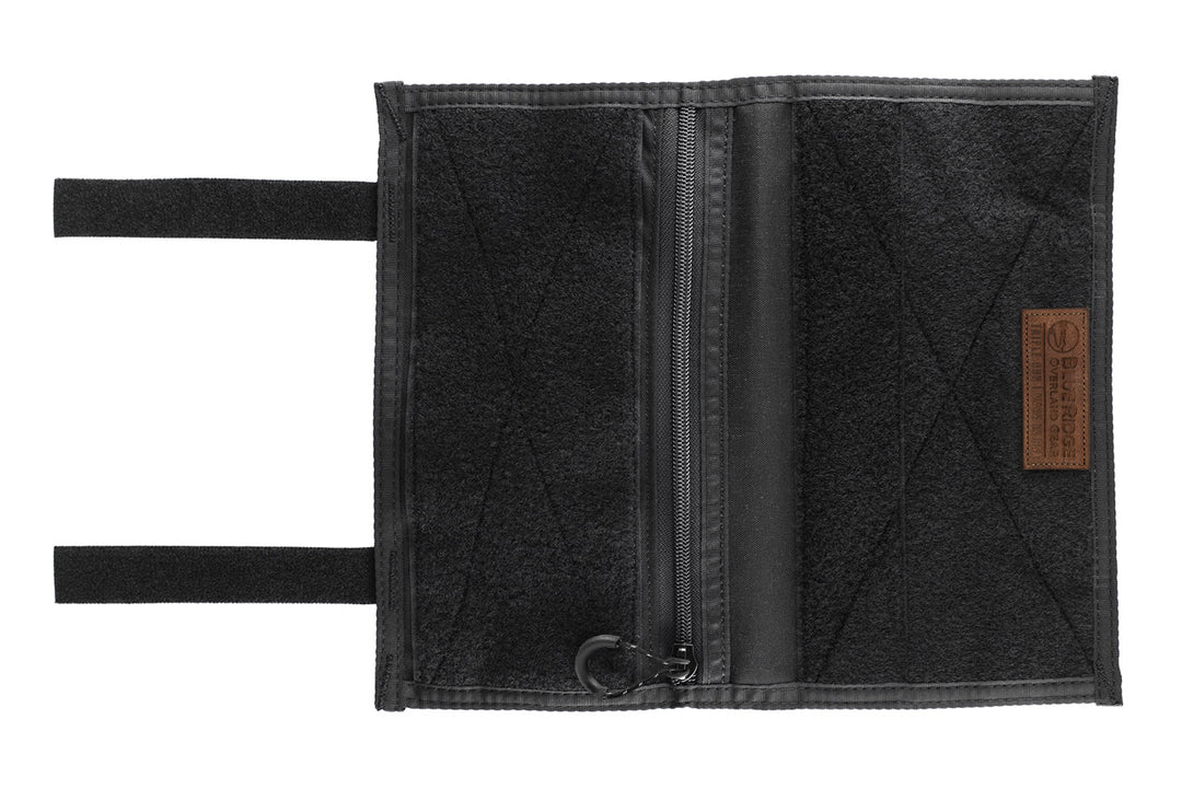Velcro Visor Organizer (BLACK) - unfolded, with zipper pocket, velcro fields, and leather tag
