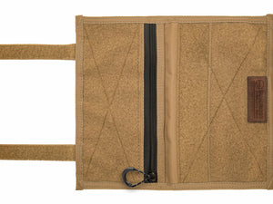 Velcro Visor Organizer (COYOTE) - unfolded, with zipper pocket, velcro fields, and leather tag