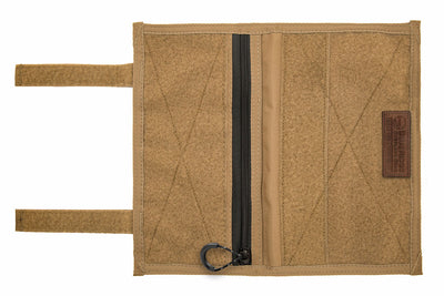 Velcro Visor Organizer (COYOTE) - unfolded, with zipper pocket, velcro fields, and leather tag