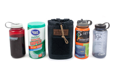 Water Bottle Pouch with various items that fit inside, including cleaning wipes