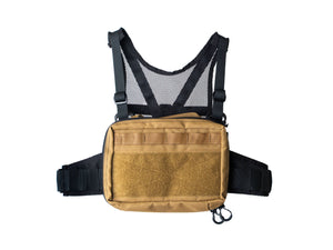 Tan tactical vest with black straps on a white background