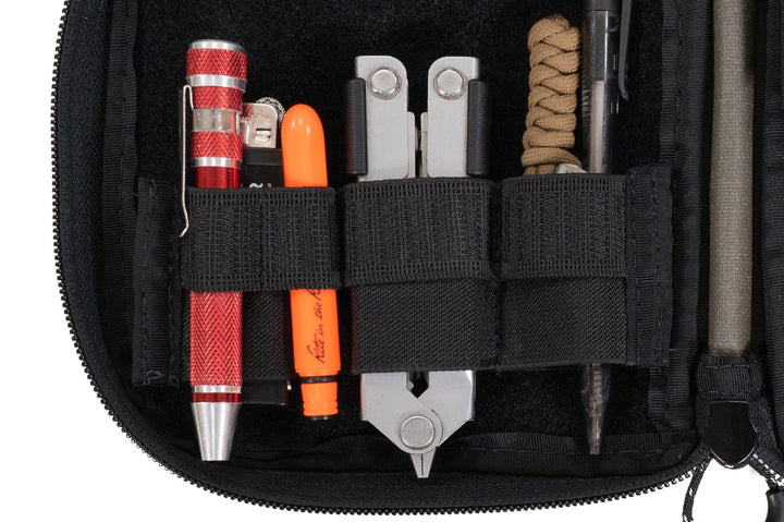 Velcro Elastic Keeper, two tier, front, attached inside EDC pouch and loaded with various gear