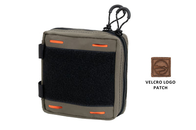 BROG EDC pouch, front with velcro and leather logo tag visible beside the pouch
