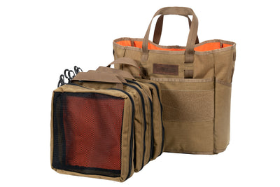 Blue Ridge Overland Gear coyote tactical Tote Bag bundle with four Medium Packing Cubes - front view. Made in the USA