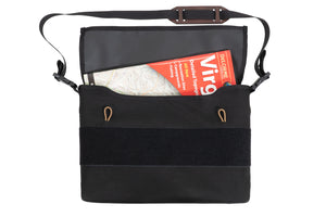 Trip Planning Bag, front, top open with maps sticking out