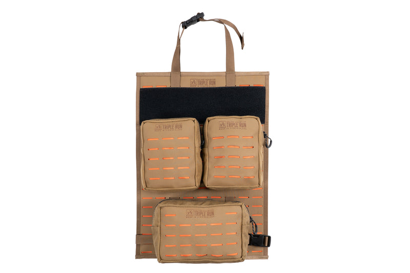 Triple Run Seatback Panel, Coyote, with pouches attached via MOLLE