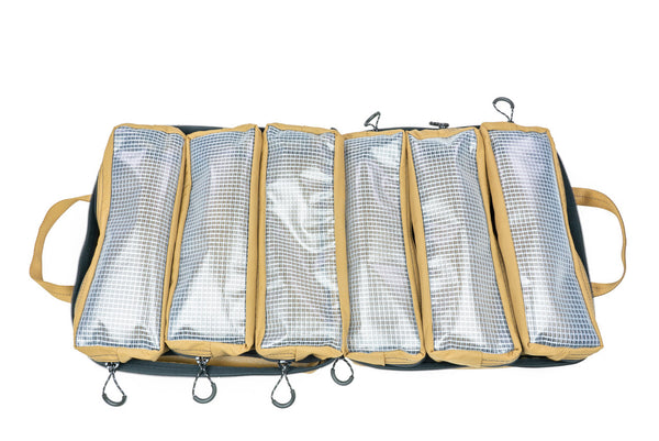 BROG Tool Bag open with six removable clear-front tool pouches arranged inside.