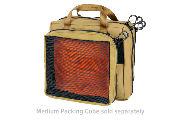 BROG Tool Bag with Triple Run Medium Packing Cube attached to the front with Grimloc clips.