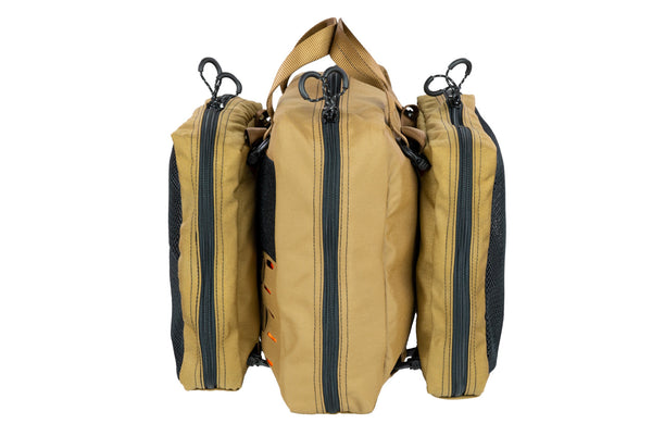 BROG Tool Bag with Triple Run Medium Packing Cubes attached to the front and back using Grimloc clips.