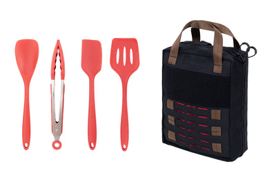 BROG Cooking Kit Bag, black and red, with Camp Cooking Utensils 