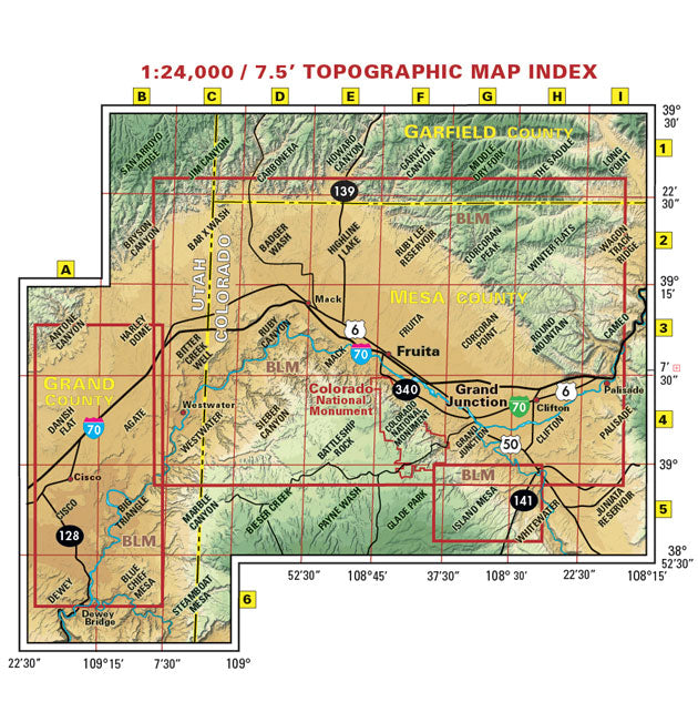 Fruita  Grand Junction Topographic Map Index for Colorado Fruita - Grand Junction - Trails and Recreation Topo Map | Latitude 40° | Blue Ridge Overland Gear