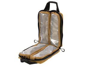 Open coyote BROG Gadget Bag showing four zippered clear vinyl mesh interior compartments, black zippers, and carry handles.