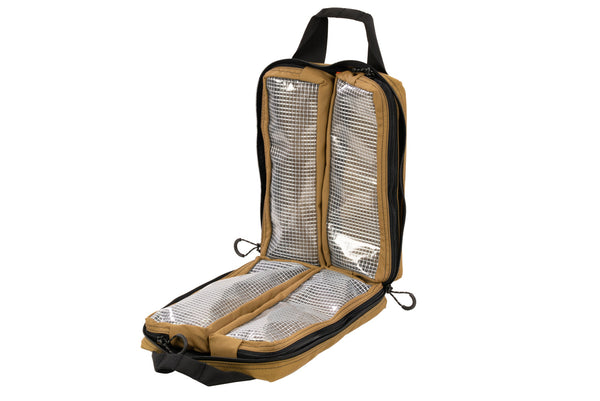 Open coyote BROG Gadget Bag showing four zippered clear vinyl mesh interior compartments, black zippers, and carry handles.