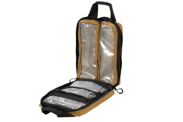 Open coyote BROG Gadget Bag showing multiple clear vinyl mesh zippered compartments for organizing and separating gear.