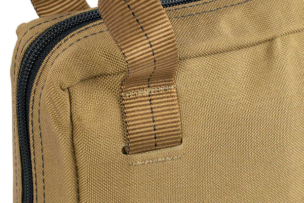 Close-up of coyote BROG Gadget Bag showing durable fabric construction, reinforced stitching, webbing handle attachment, and black zippered closure.