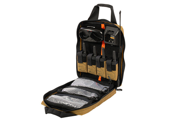 Open coyote BROG Gadget Bag organized with handheld radios, chargers, antennas, and accessories secured in modular pouches and clear zippered compartments.