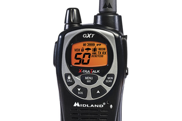 Midland GXT1000VP4 5-Watt Handheld GMRS RADIO detail on screen and buttons