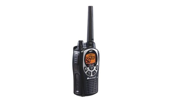 Midland GXT1000VP4 5-Watt Handheld GMRS RADIO side view detail on Push To Talk Button