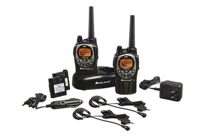 Midland GXT1000VP4 5-Watt Handheld GMRS RADIO with rechargeable batteries, over ear surveillance headsets and dual charge base with AC and 12 volt power cables