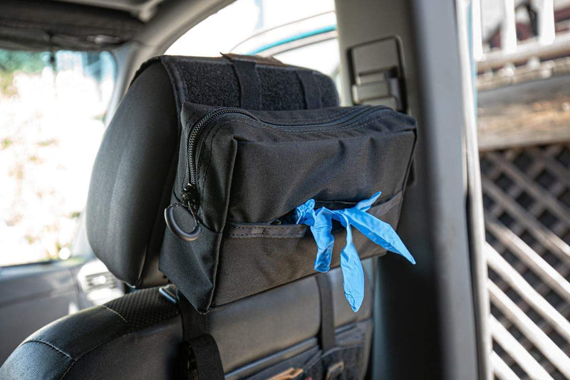 Glove Dispenser Pouch headrest with gloves- Blue Ridge Overland Gear