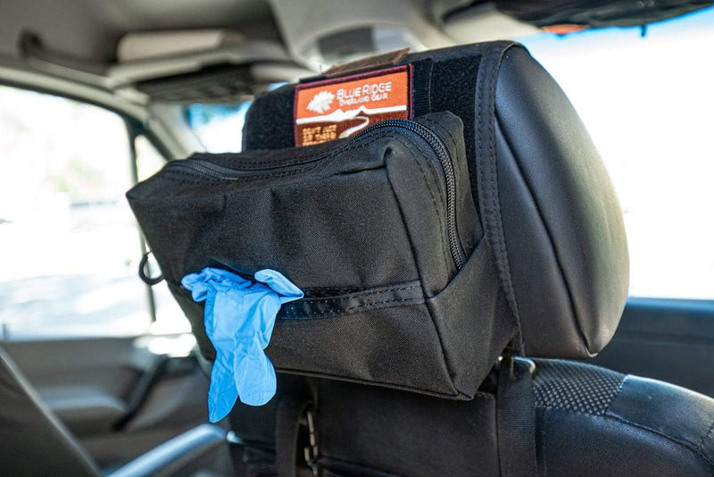 Glove Dispenser Pouch lifestyle headrest panel 2 - Blue Ridge Overland Gear