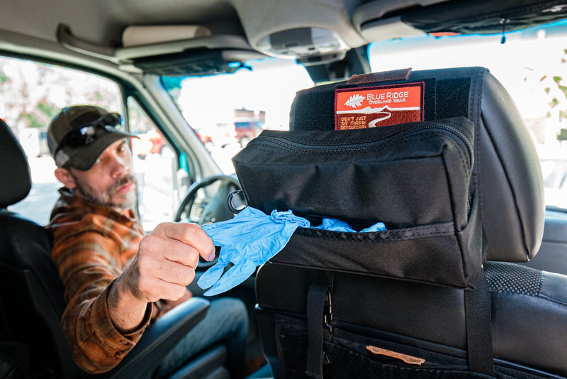Glove Dispenser Pouch lifestyle headrest - Blue Ridge Overland Gear