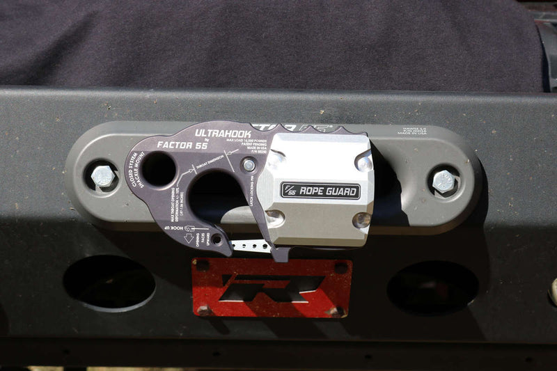 FACTOR 55 UltraHook Rope Guard. An aluminup plate that mounts to one side of the ultrahook to protect a synthetic winch line from road debris.