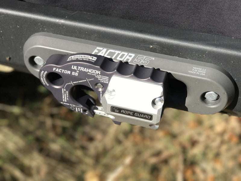FACTOR 55 UltraHook Rope Guard. An aluminup plate that mounts to one side of the ultrahook to protect a synthetic winch line from road debris.