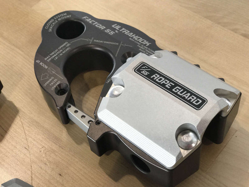 FACTOR 55 UltraHook Rope Guard. An aluminup plate that mounts to one side of the ultrahook to protect a synthetic winch line from road debris. Blue Ridge Overland Gear