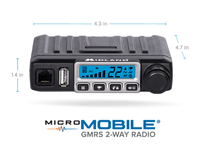 Dimensions of MXT115 15-Watt TWO-WAY GMRS RADIO 4.3 inches wide by 4.7 inches deep by 1.4 inches high