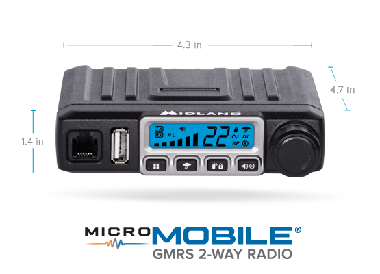 Dimensions of MXT115 15-Watt TWO-WAY GMRS RADIO 4.3 inches wide by 4.7 inches deep by 1.4 inches high