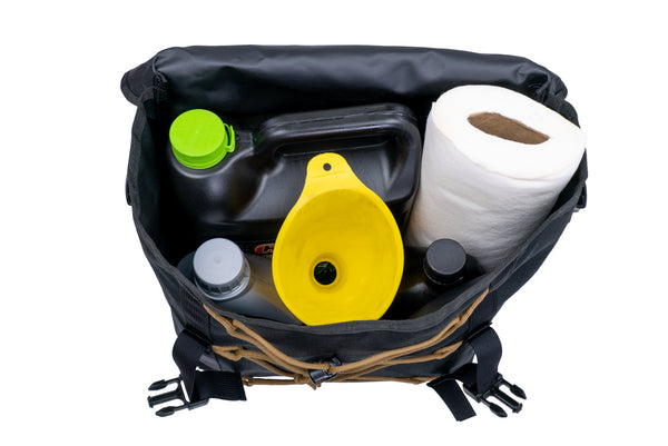 Overland Oil Bag interior view with vehicle fluids