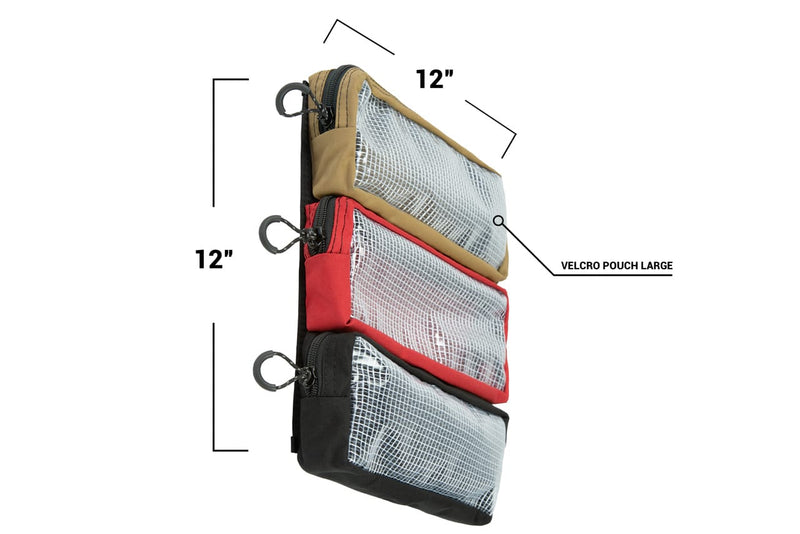 Detail of how three 12 inch by 4 inch pouches fit on the panel
