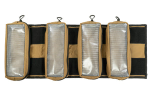 BROG Tool Pouch Roll fully opened with four removable clear zippered tool pouches attached to the hook-and-loop backing.