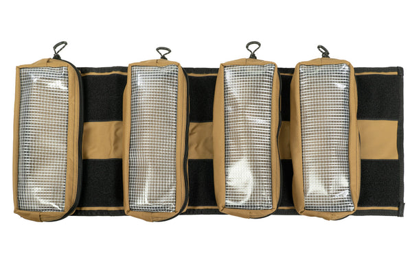 BROG Tool Pouch Roll fully opened with four removable clear zippered tool pouches attached to the hook-and-loop backing.