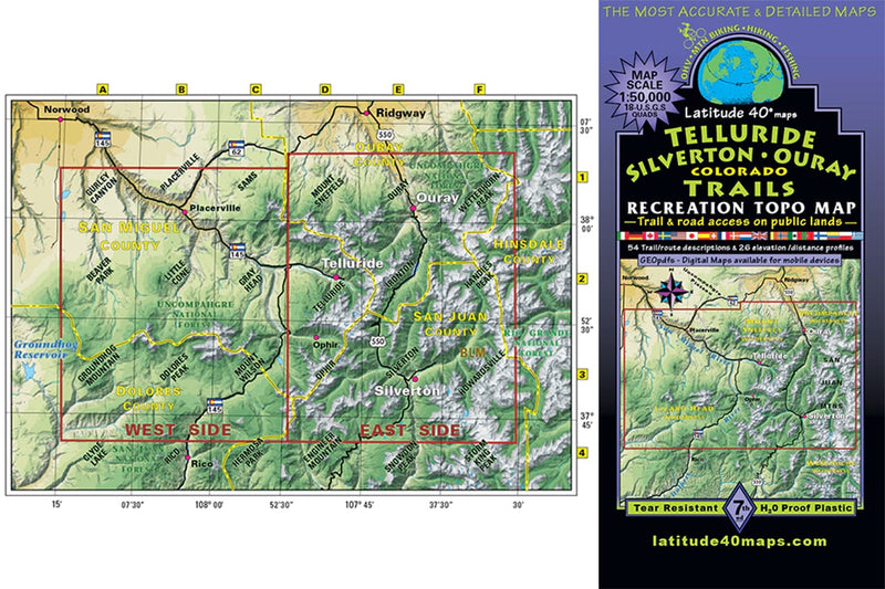 Cover of Colorado Telluride - Trails and Recreation Topo Map | Latitude 40° Blue Ridge Overland Gear