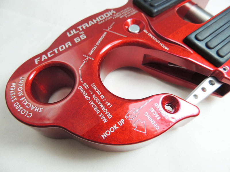 FACTOR 55 UltraHook in red. Close up on hook throat.