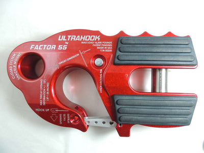 FACTOR 55 UltraHook in red. The hook has a titanium pin at the base and an aluminum hook with a locking gate and a separate circular shackle mounting hole.