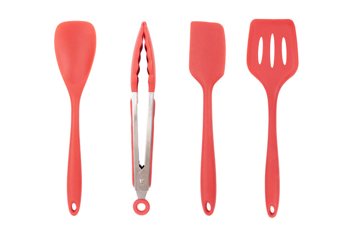 Camp Cooking utensils, red: spoon, tongs, scraper and spatula