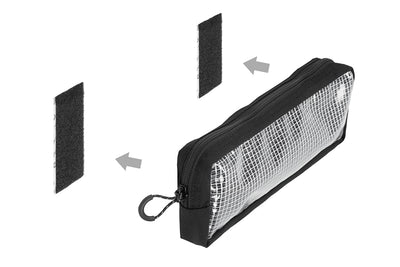 A large Velcro pouch with arrows pointing to Two strips of sticky velcro. Shows how the pouch can be mounted with sticky velcro Adhesive Loop Tape 2"