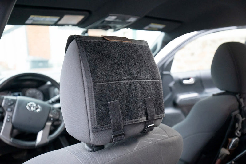 Headrest Velcro Panel, black, attached to headrest in vehicle